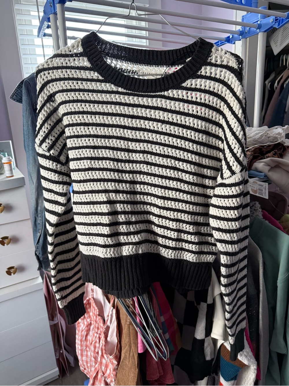Aeropostale Black and White Striped Crewneck Sweater